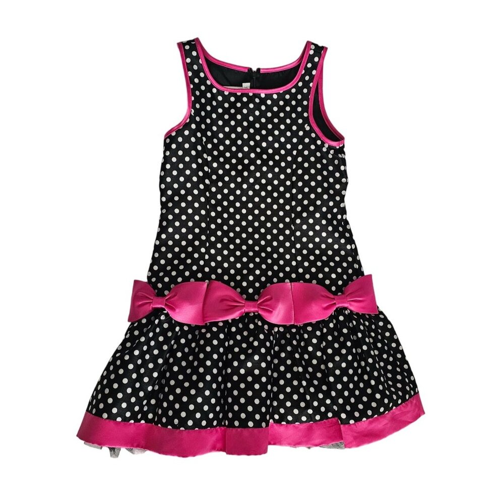 Bonnie Jean Kids Girls Black White Polka Dot Pink Trim Drop Waist Dress Size 10 - Picture 2 of 12